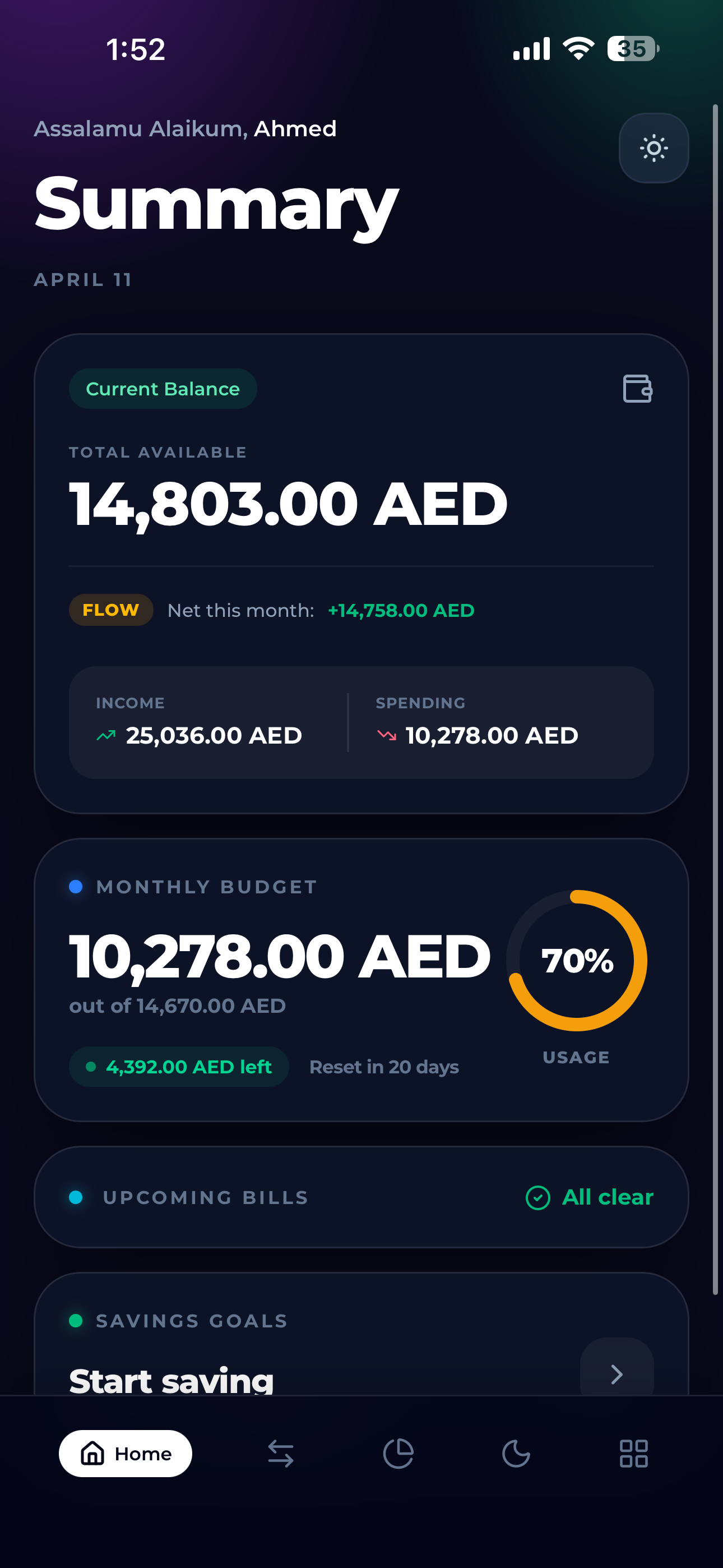 BarakahFlow mobile app dashboard showing halal expense tracking and budgeting designed with Islamic finance principles in mind in dark mode