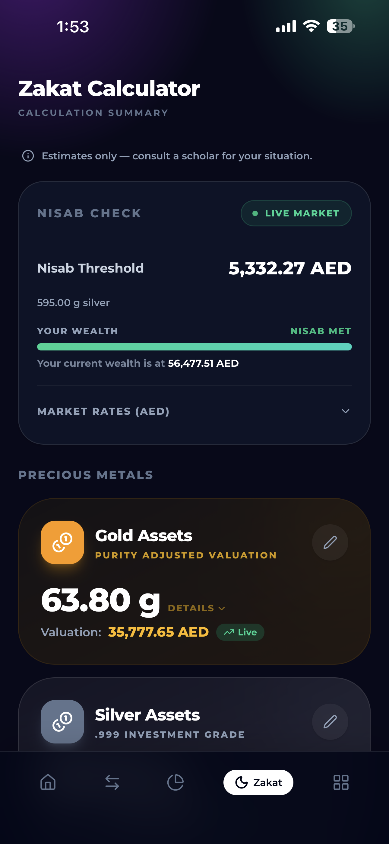 BarakahFlow Zakat calculator showing Niṣāb status and wealth purification features in dark mode