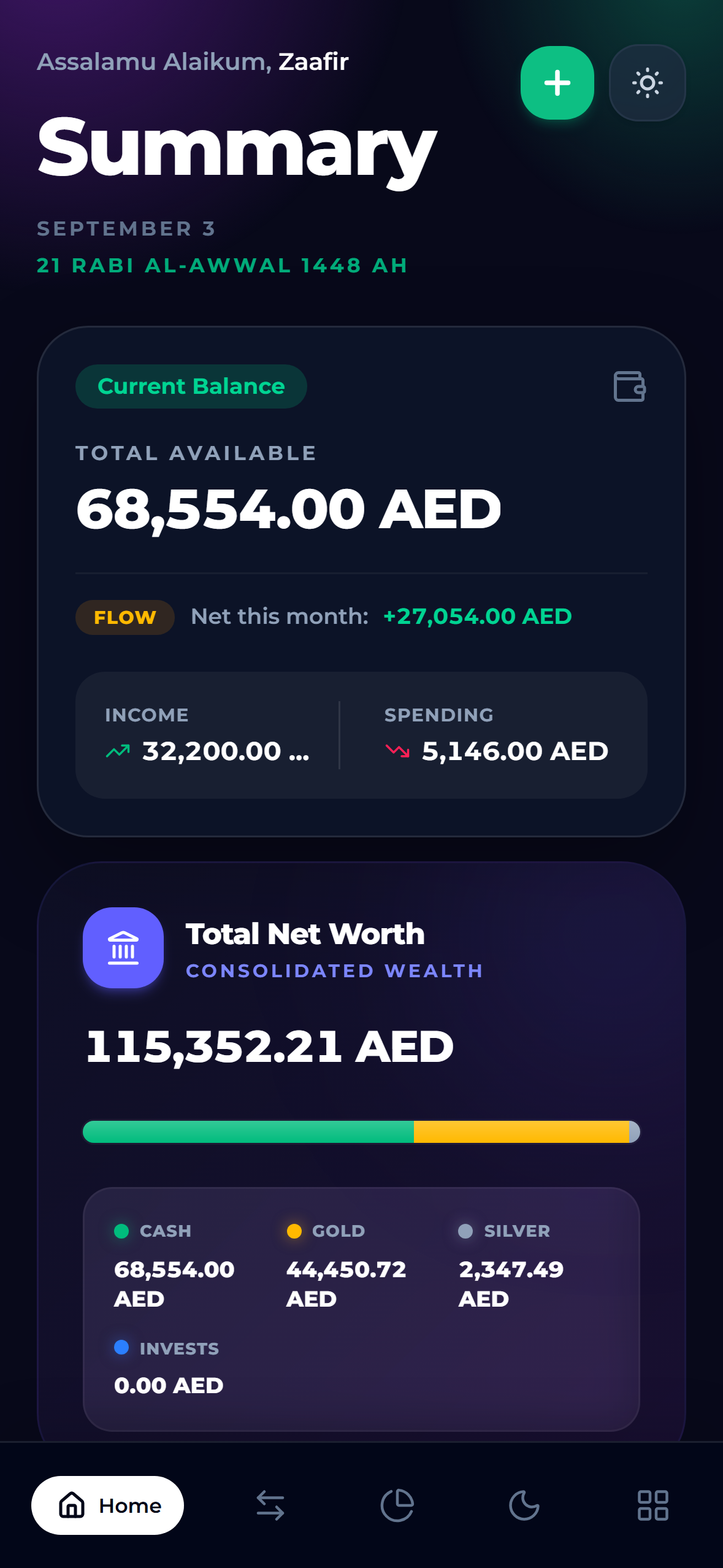BarakahFlow Halal Personal Finance Dashboard showing Available Balance and Consolidated Wealth
