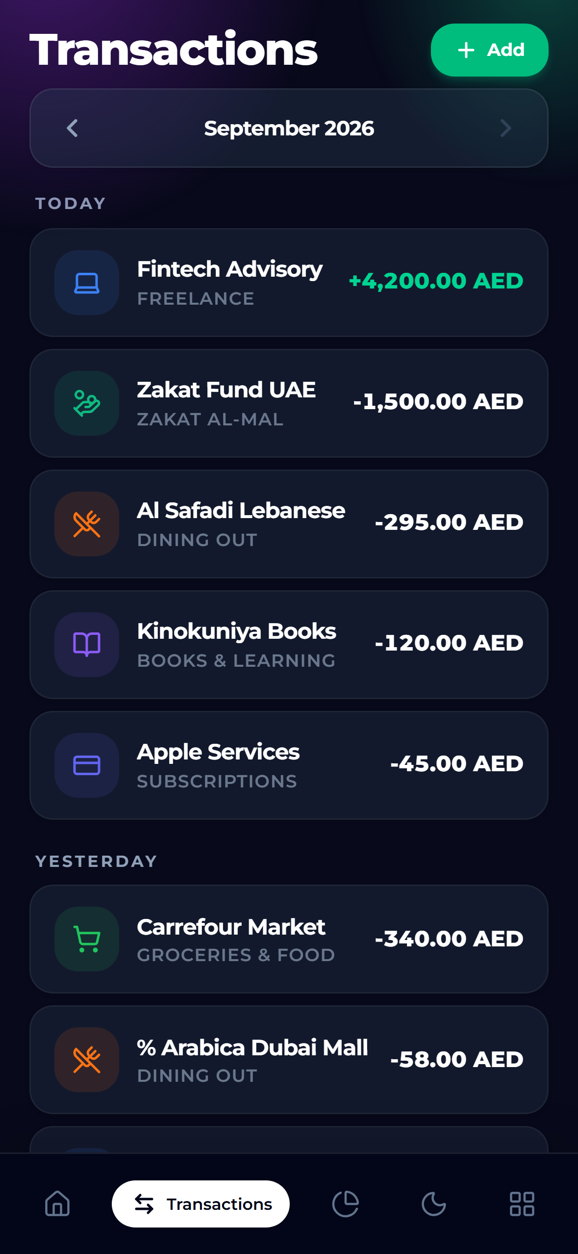 BarakahFlow Transactions feed with Sadaqah and categorized expenses