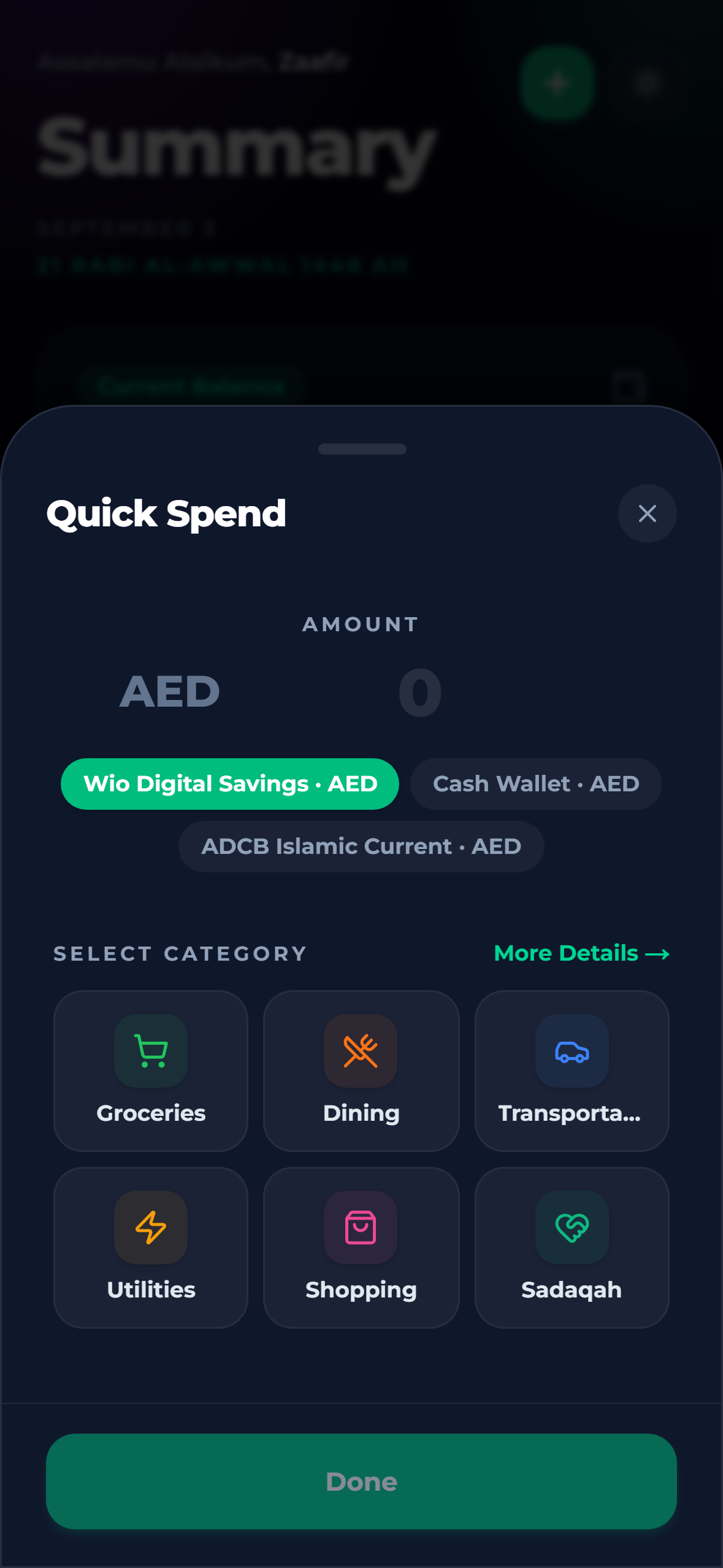 BarakahFlow Quick Spend sheet for instant one-tap expense logging