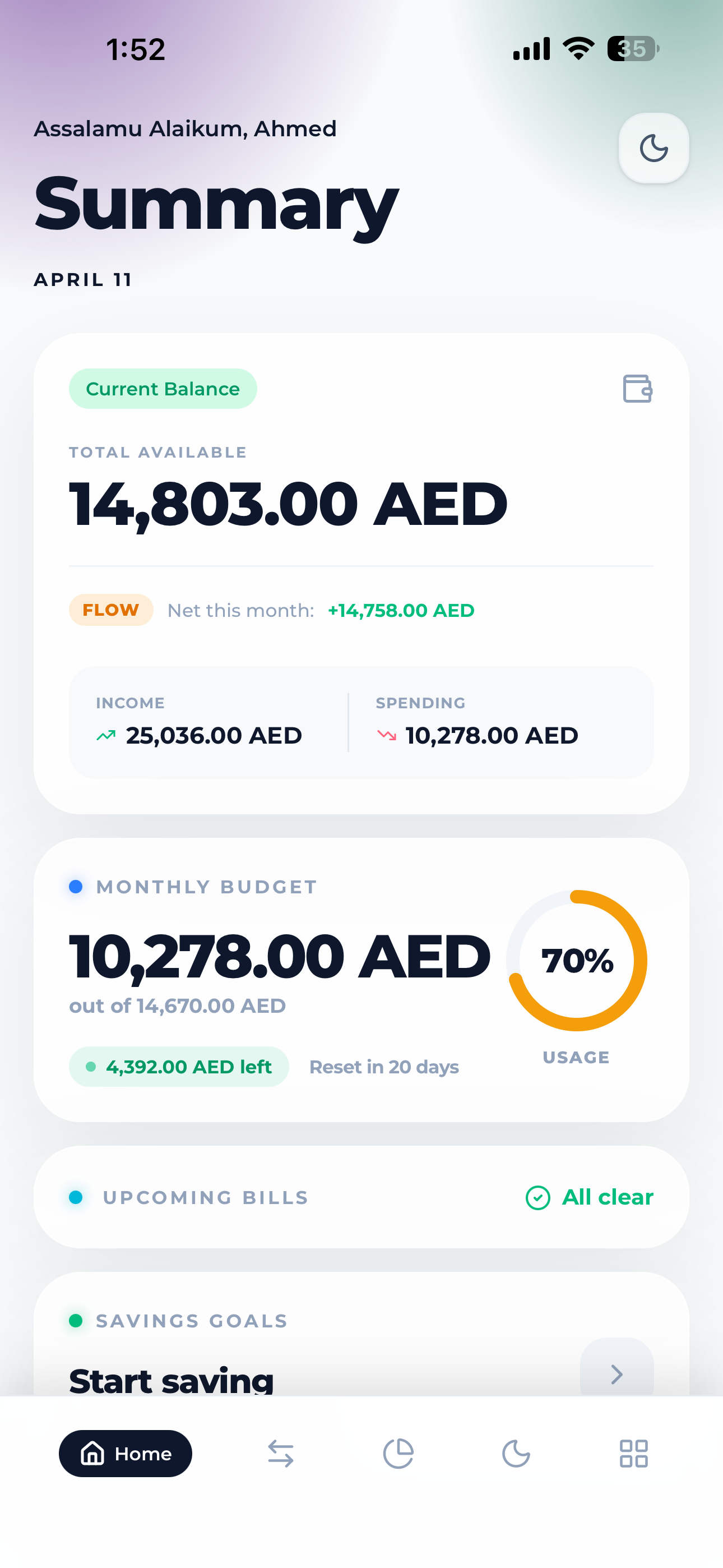 BarakahFlow mobile app dashboard showing halal expense tracking and budgeting designed with Islamic finance principles in mind in light mode