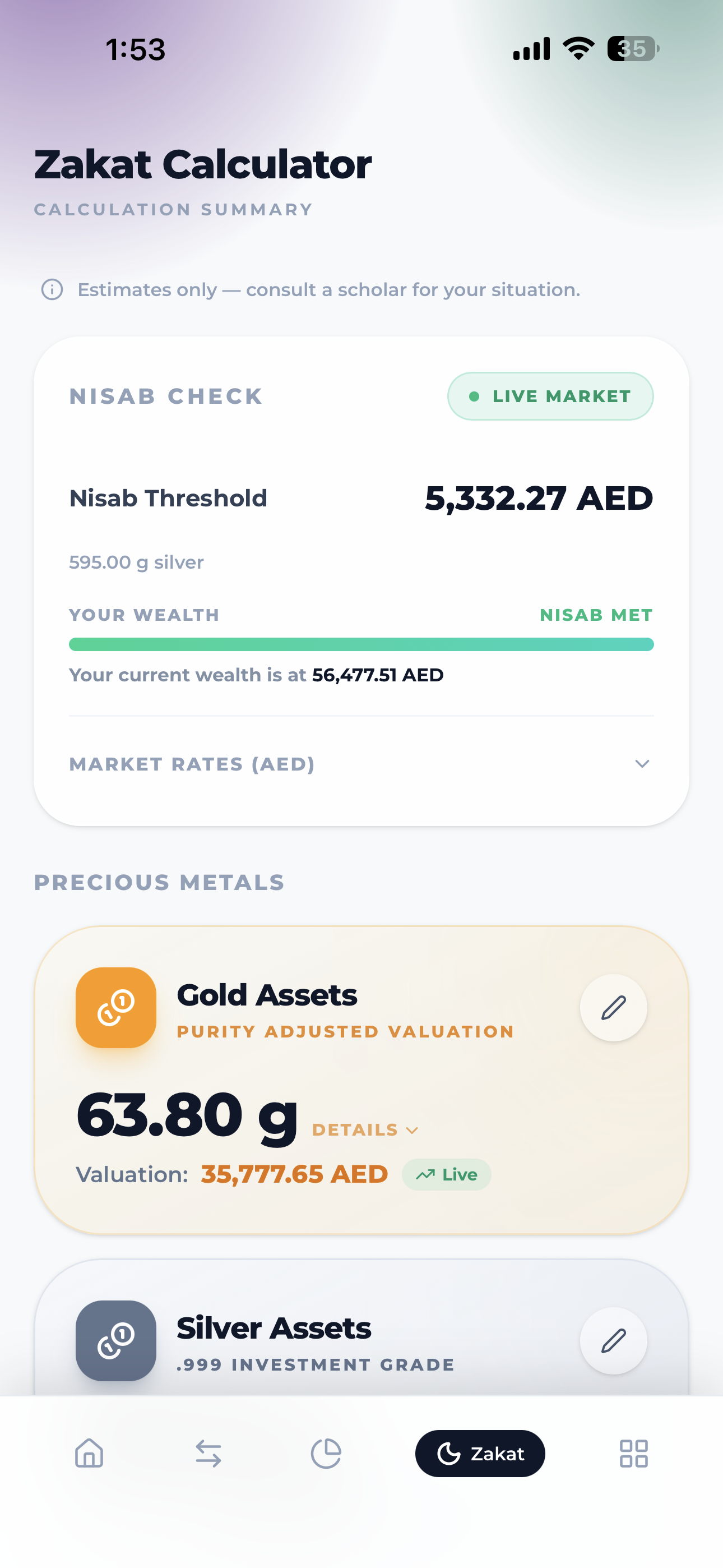 BarakahFlow Zakat calculator showing Niṣāb status and wealth purification features in light mode